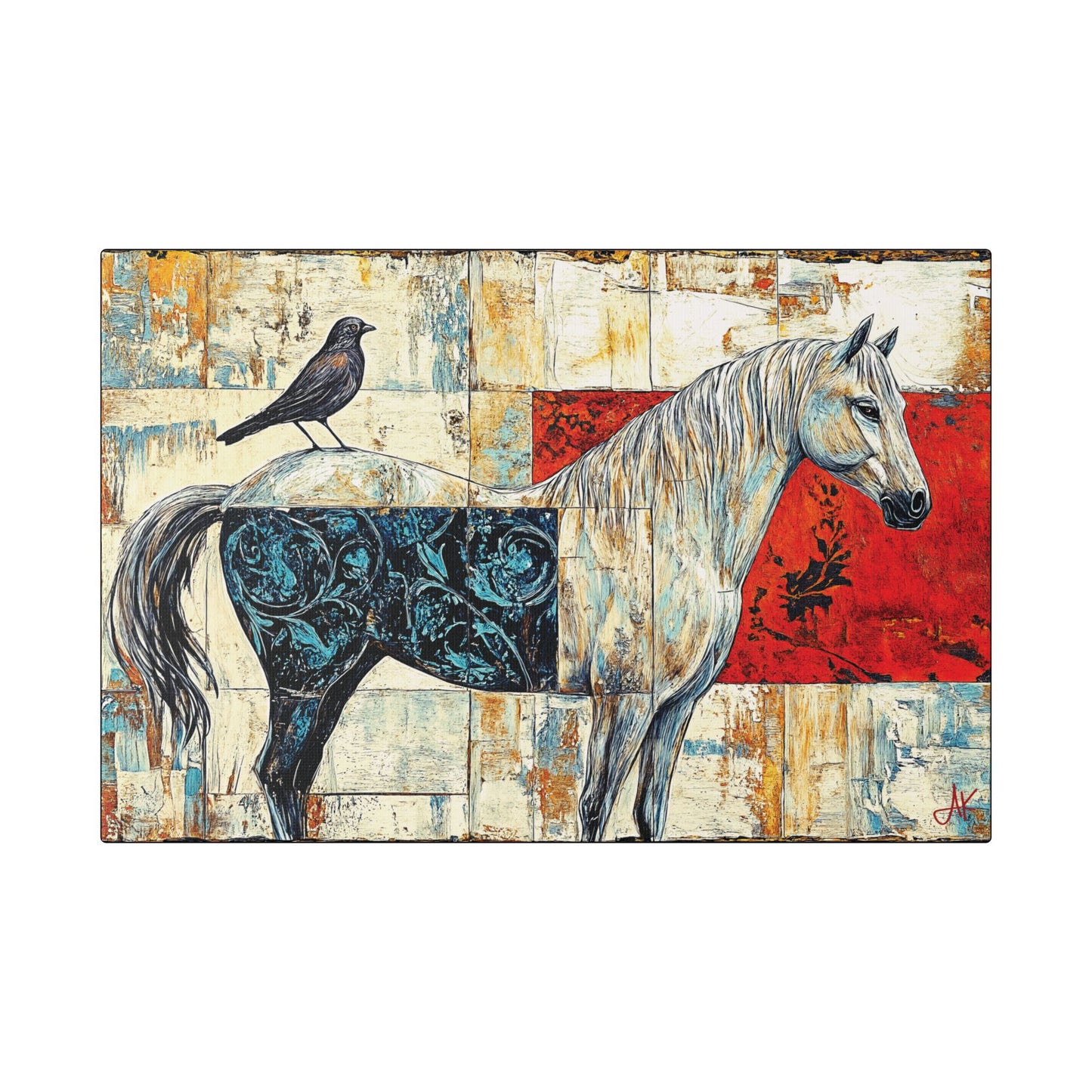 "Series: White Horse with Bird #01", Stretched Classic Canvas Fine Art Print