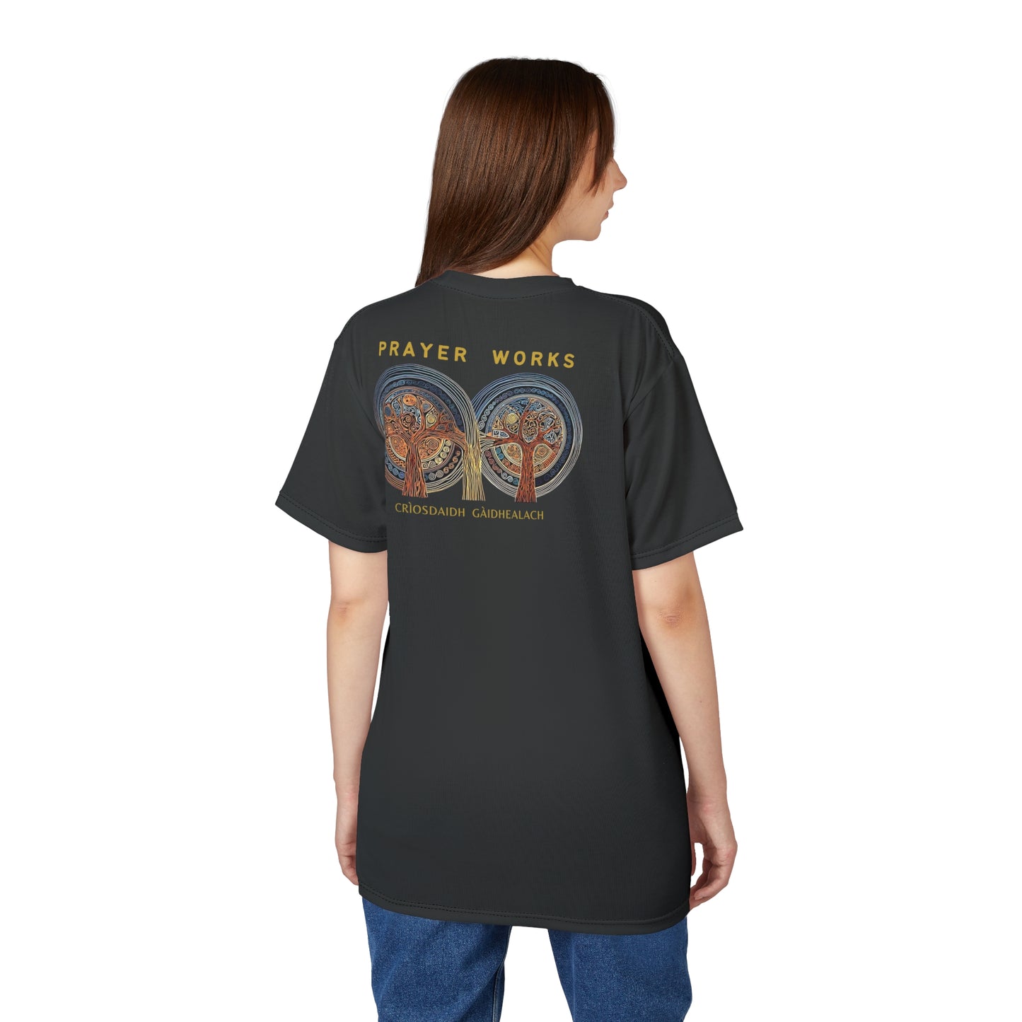 "Prayer Works – Gaelic Christian", Wearable Fine Art Unisex T-shirt (Dark Dùn Grey)