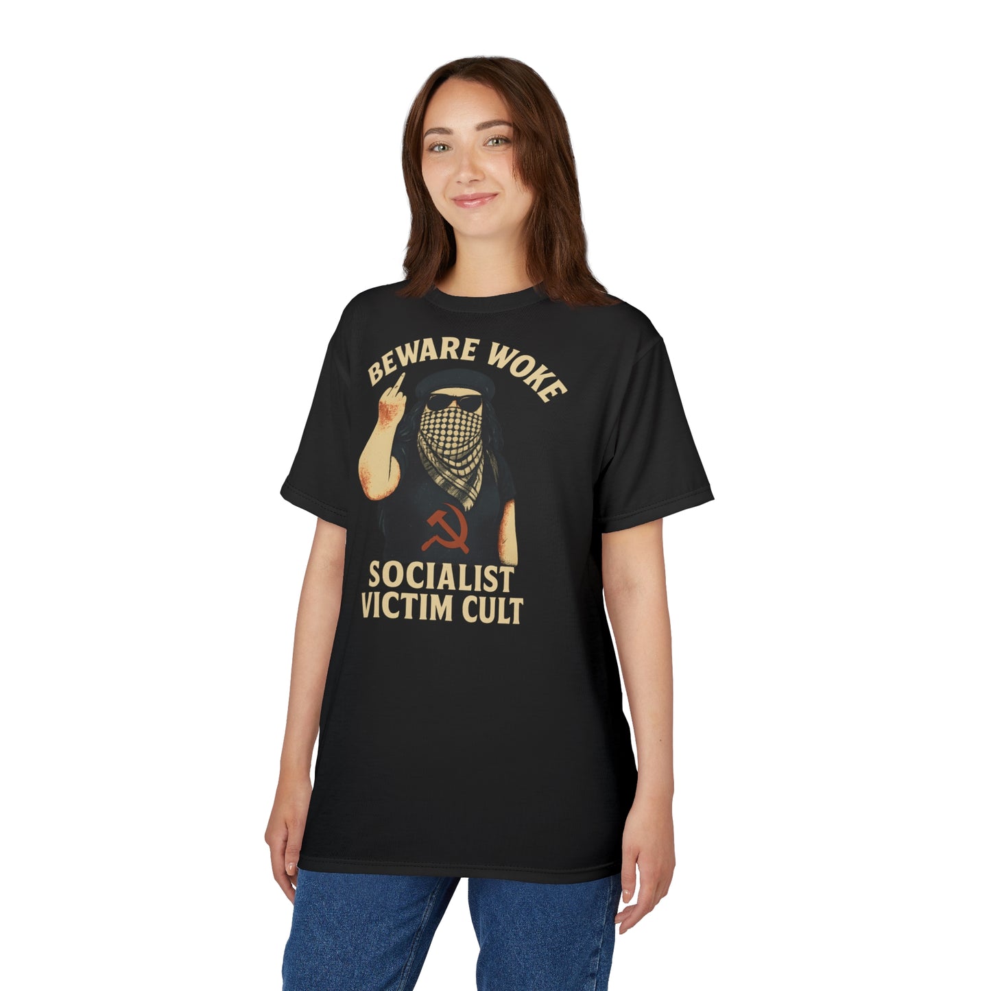 "Beware Woke - Voltaire", Wearable Art Unisex T-shirt (Black Leather)