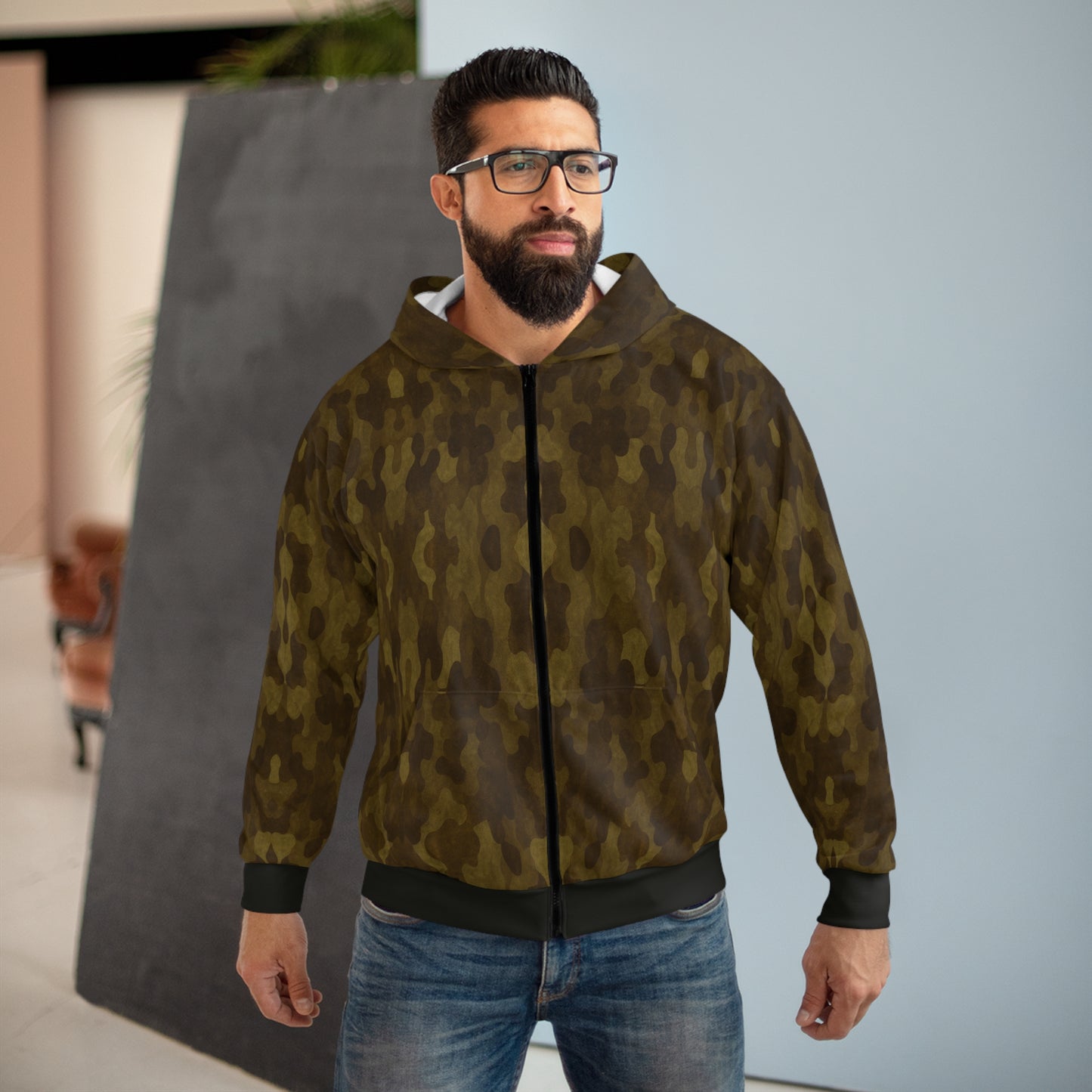 "Swamp Recon Camouflage", Unisex Wearable Art Zip Hoodie (Alligator Black Cuffs and Waist)
