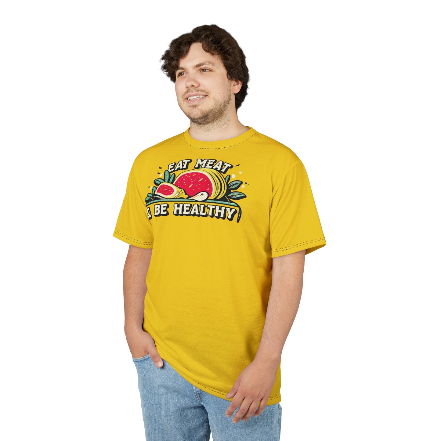 "Eat Meat & Be Healthy", Unisex T-shirt (Gold Yellow)