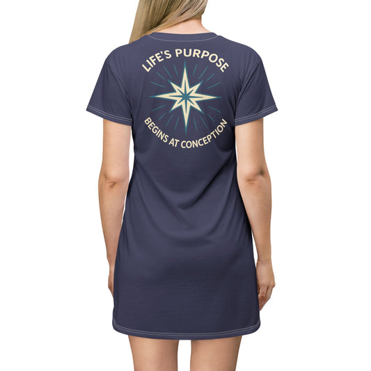 "Life's Purpose Begins at Conception #01", T-Shirt Dress (Ancient Storm)