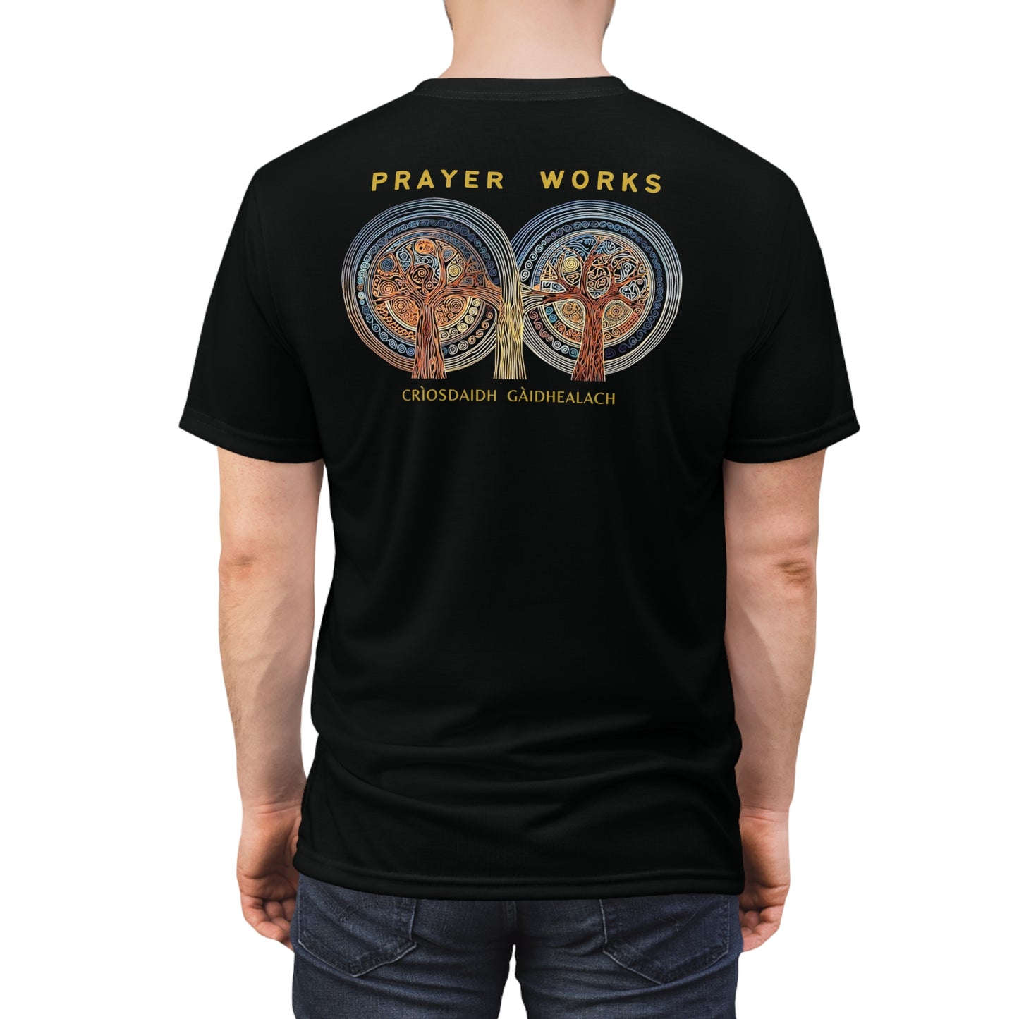 "Prayer Works – Gaelic Christian", Wearable Fine Art Unisex T-shirt (Peatshadow Black)