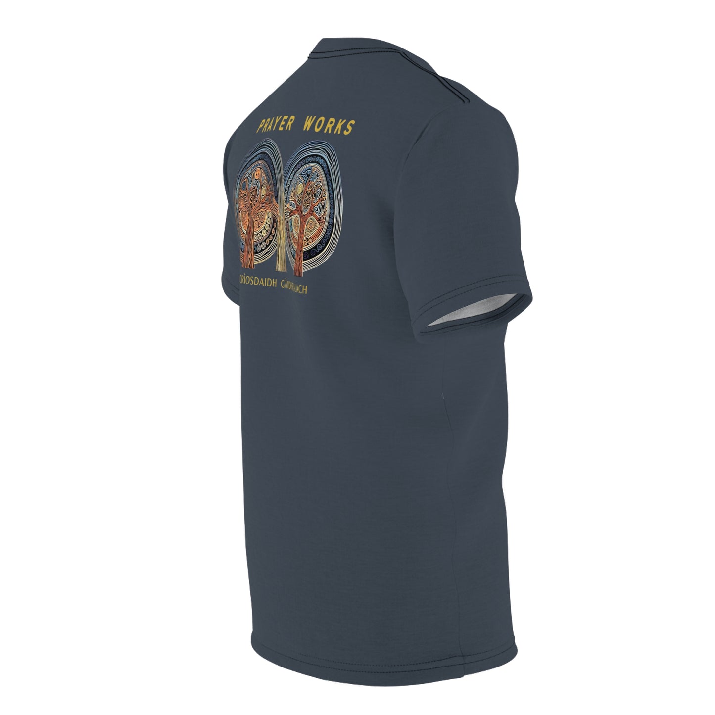 "Prayer Works – Gaelic Christian", Wearable Fine Art Unisex T-shirt (Hearthstone Grey)