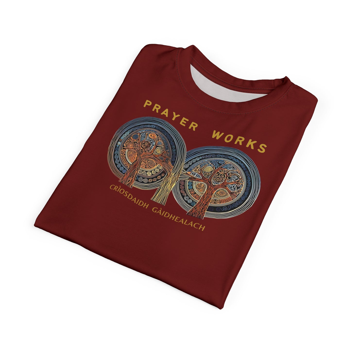 "Prayer Works – Gaelic Christian", Wearable Fine Art Unisex T-shirt (Emberline Red)