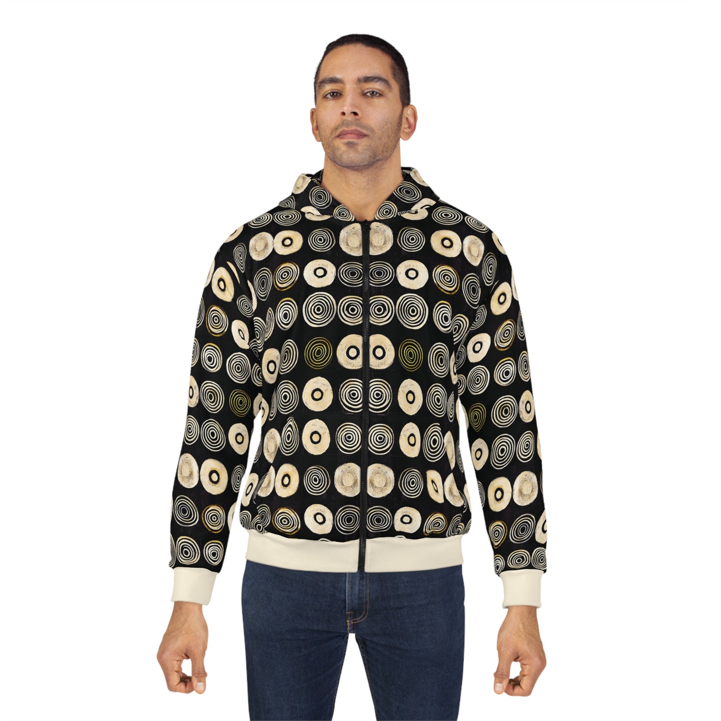 "Punk Polka", Wearable Pattern Art Unisex Zip Hoodie (Iced Almond Cuffs)