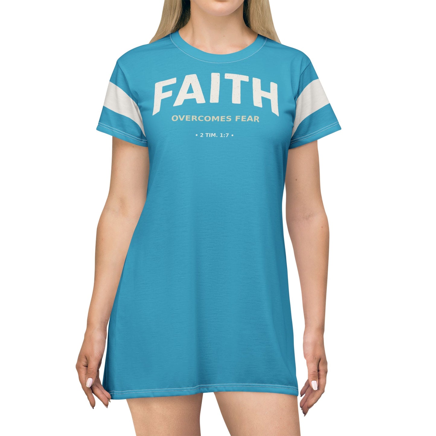 "Faith Overcomes Fear", T-Shirt Dress (Minoan Blue)