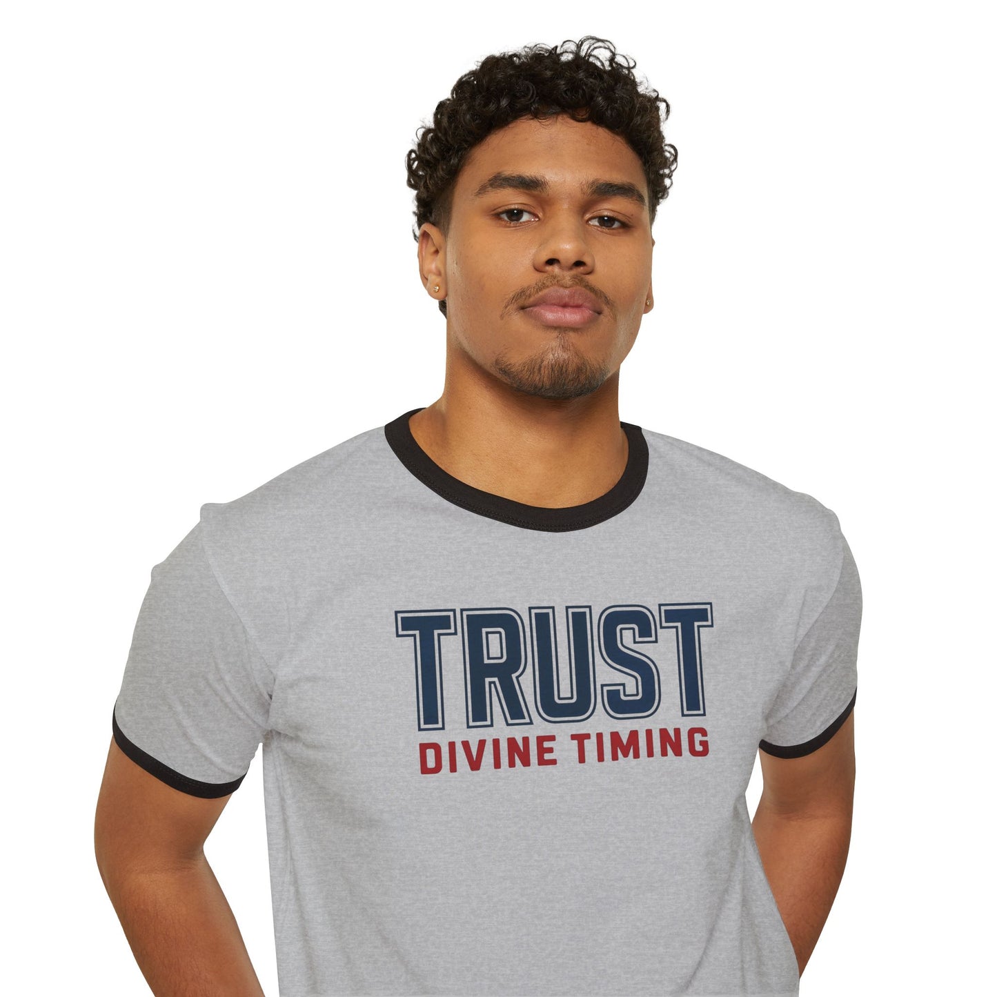 "Trust Divine Timing" #02, Unisex Cotton Ringer T-Shirt