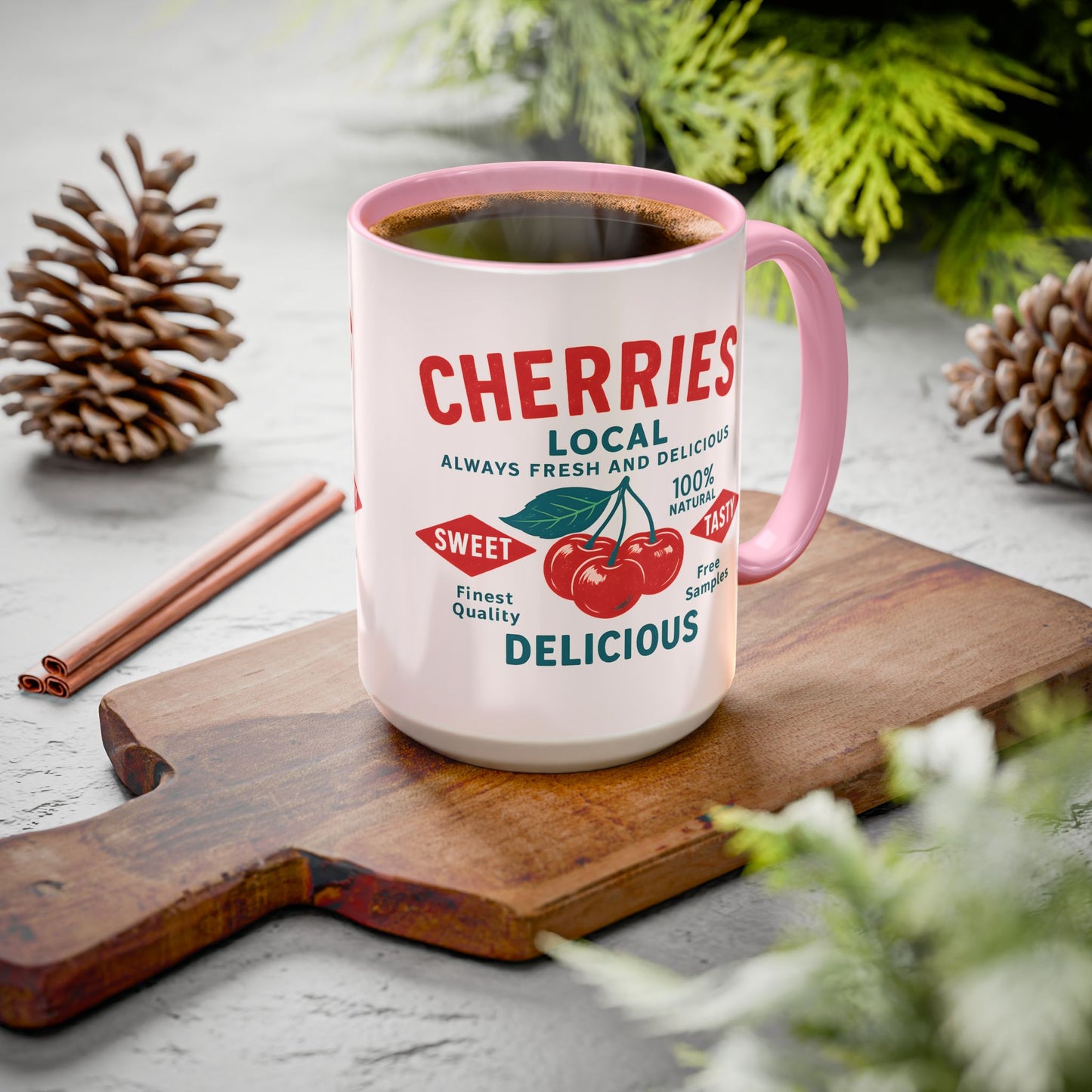 "Delicious Cherries", Colorful Mugs (11oz, 15oz) (Sea Salt Sherbet)