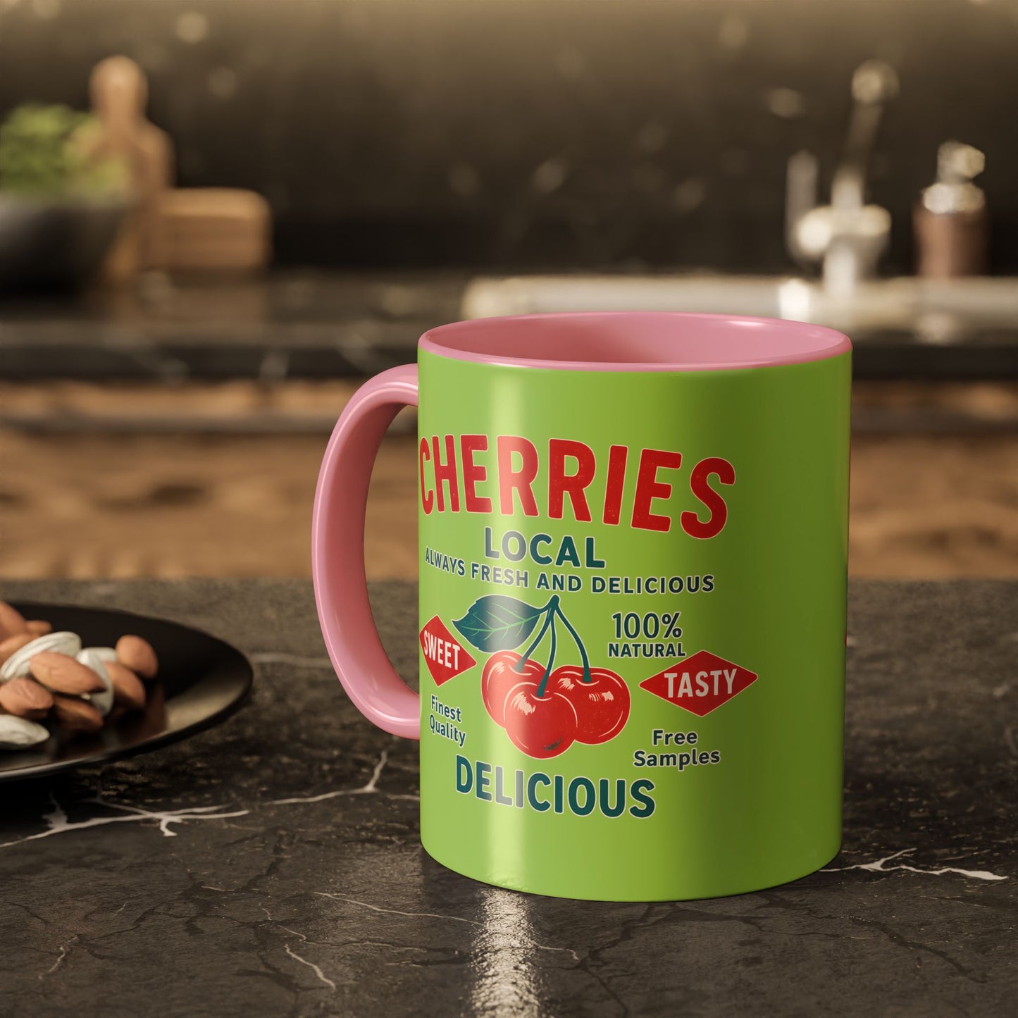 "Delicious Cherries", Colorful Mugs (11oz, 15oz) (Orchard Lime)
