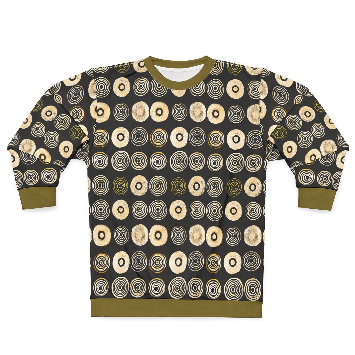 "Punk Polka", Wearable Pattern Art Unisex Sweatshirt (Soft Fig Green Cuffs)