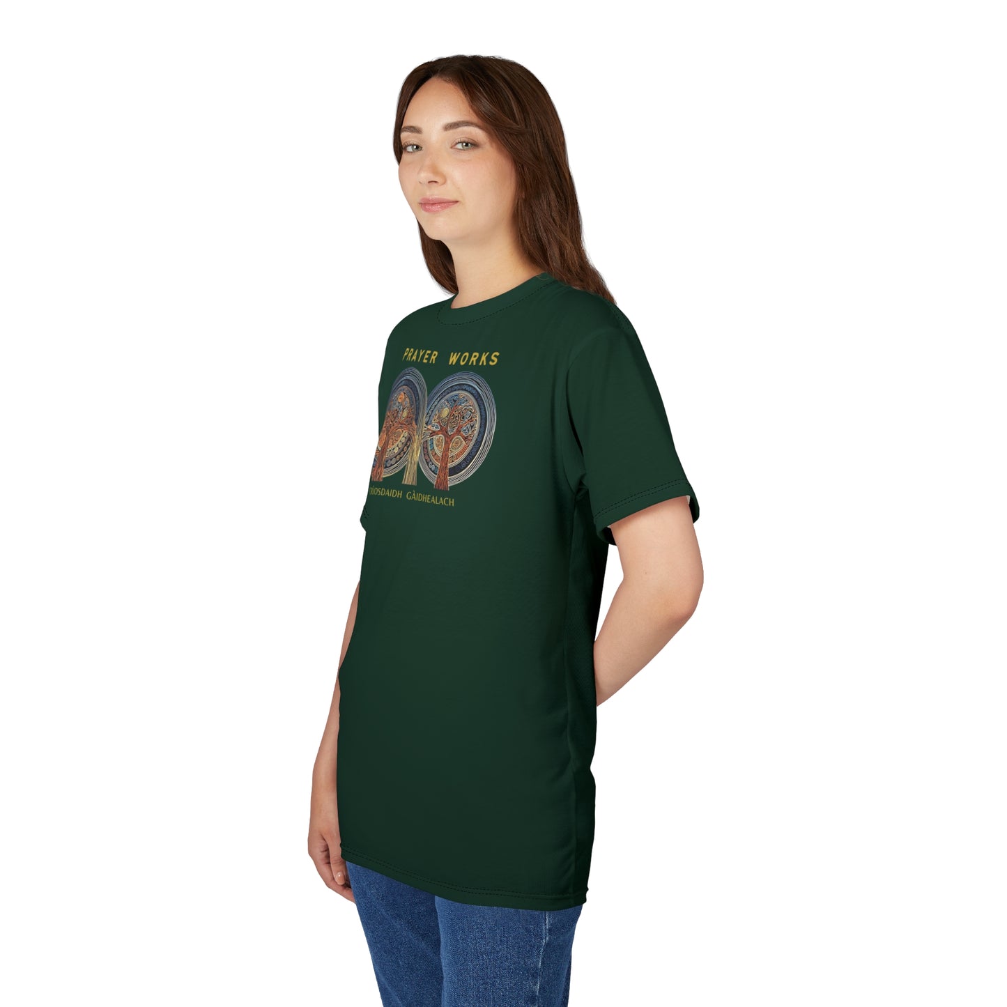 "Prayer Works – Gaelic Christian", Wearable Fine Art Unisex T-shirt (Deep Grove Green)