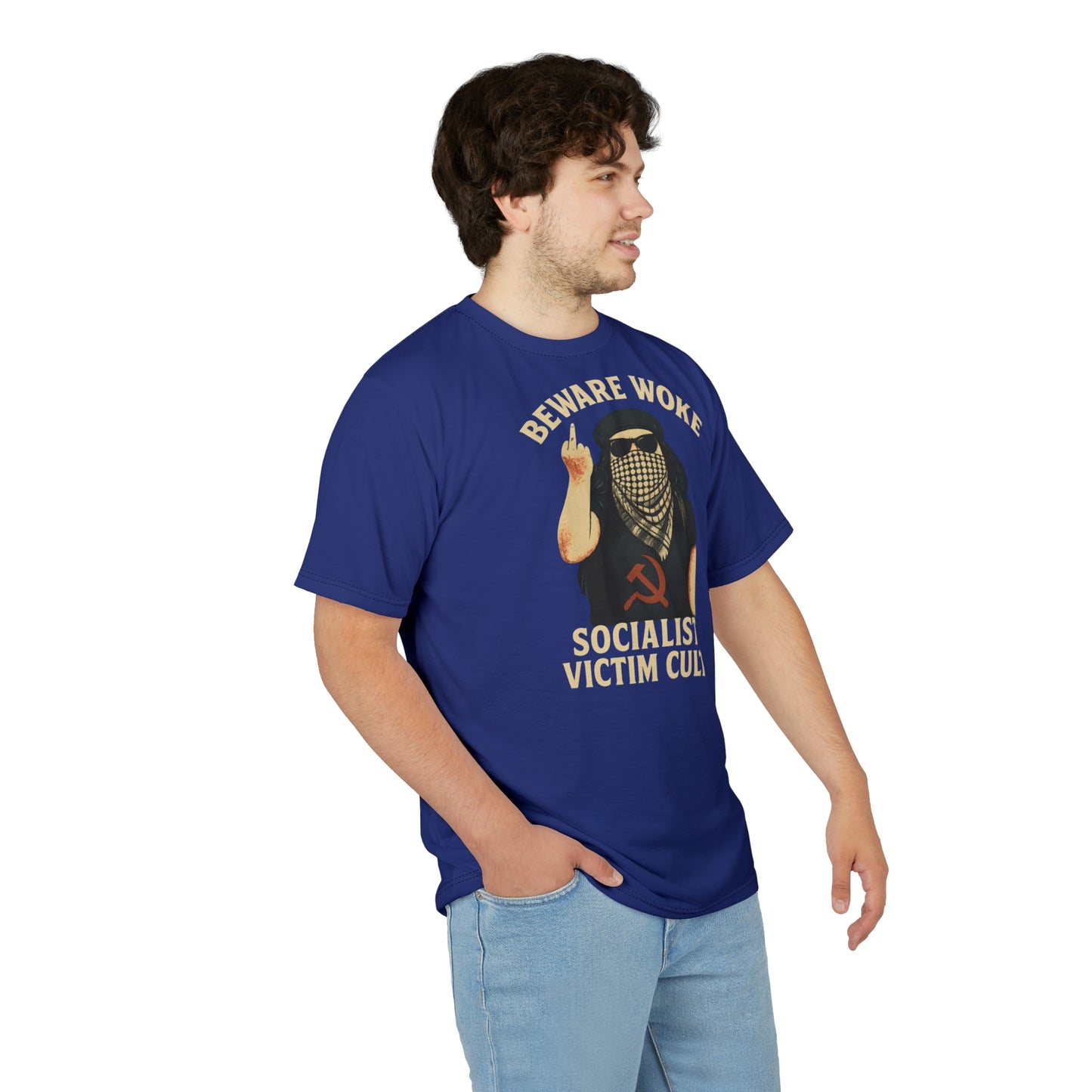 "Beware Woke - Voltaire", Wearable Art Unisex T-shirt (Twilight Blue)