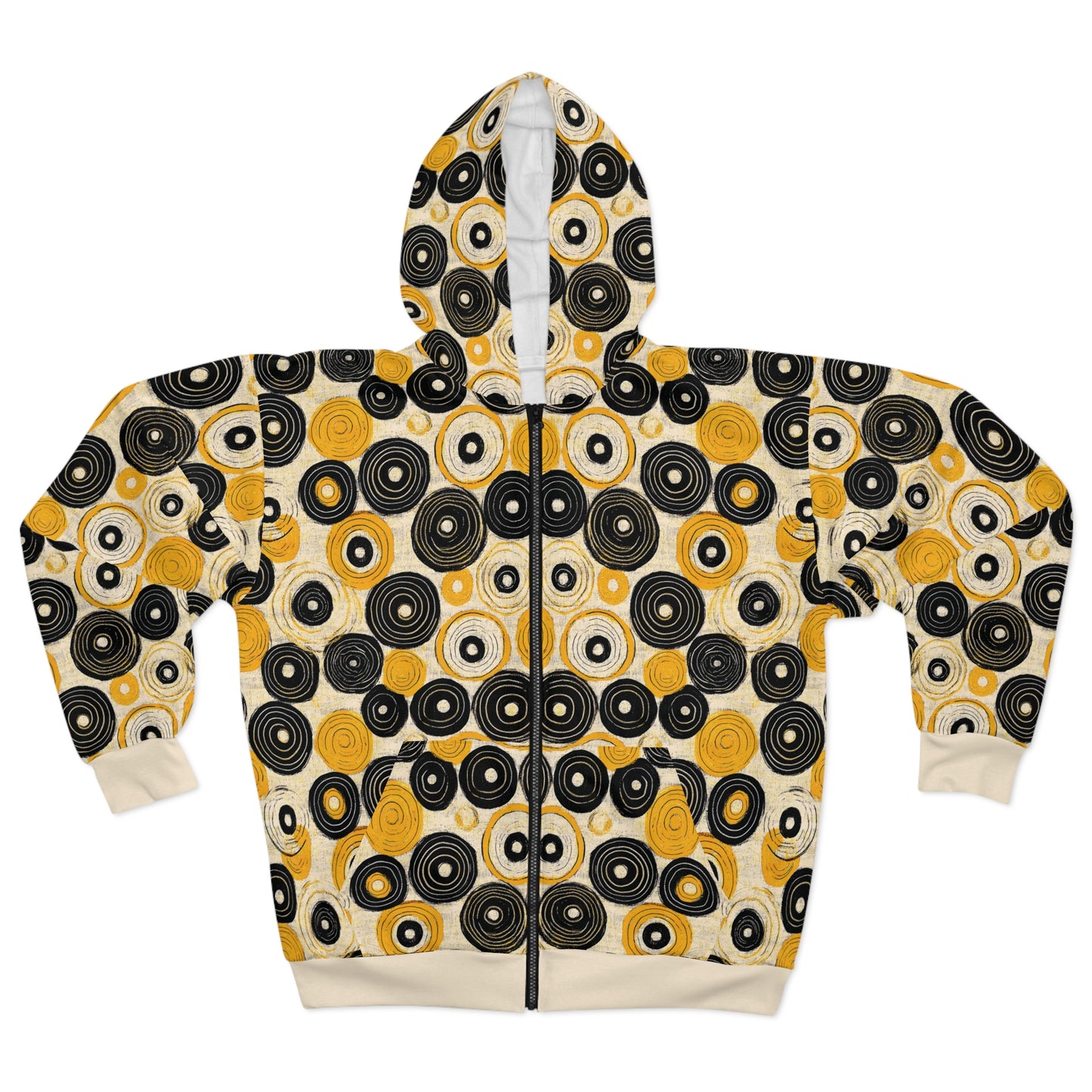 "Old 45's", Wearable Pattern Art Unisex Zip Hoodie (Dough White Cuffs)