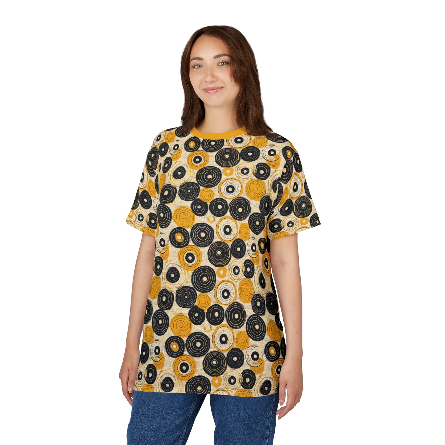 "Old 45's", Wearable Pattern Art Unisex Tee (Cyber Yellow Collar)