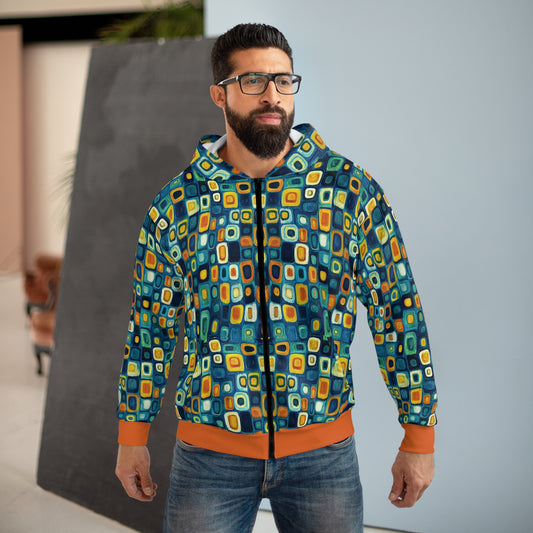 "Soul Mosaic", Unisex Wearable Art Zip Hoodie (Metallic Orange Cuffs & Waistband)