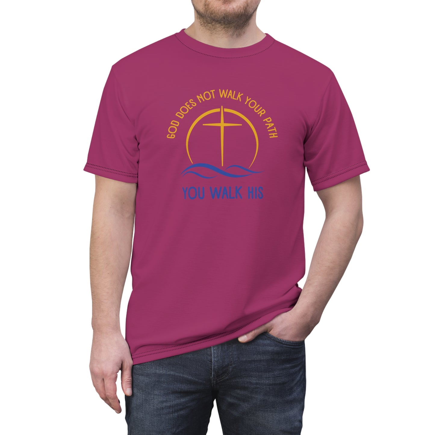 "God Does Not Walk Your Path", Unisex T-shirt (Dark Pink)