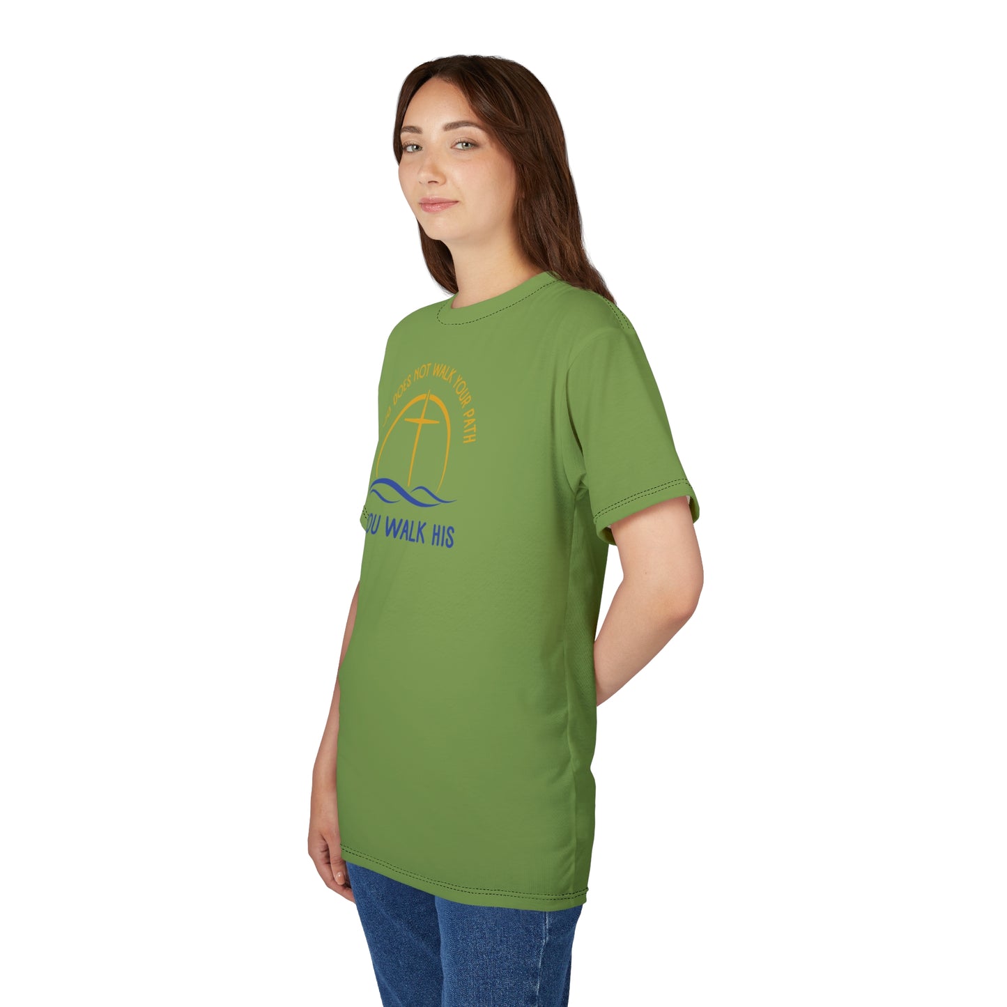 "God Does Not Walk Your Path", Unisex T-shirt (70's Light Green)