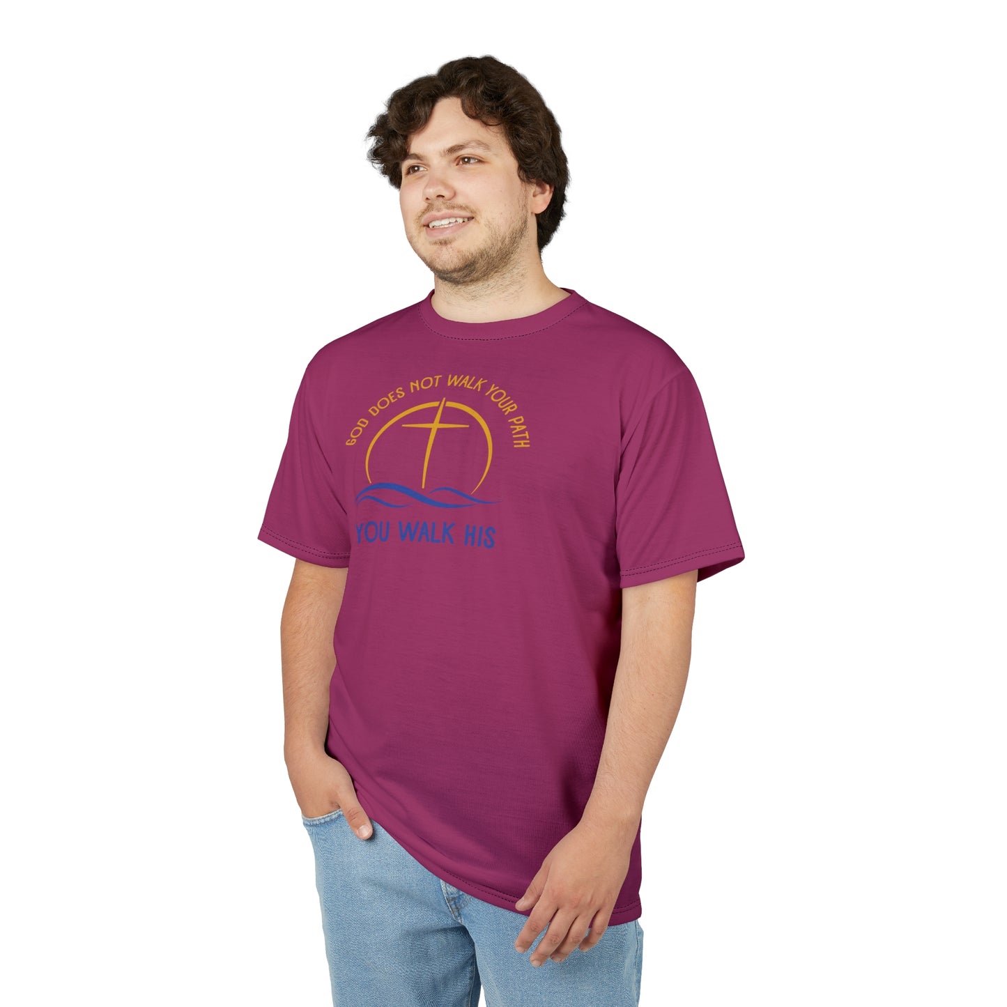 "God Does Not Walk Your Path", Unisex T-shirt (Dark Pink)