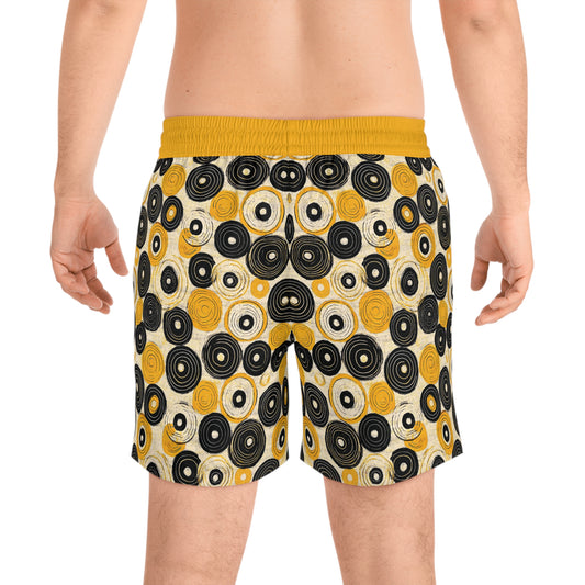 "Old 45's", Men's Mid-Length Swim Shorts (Cyber Yellow Cuffs)