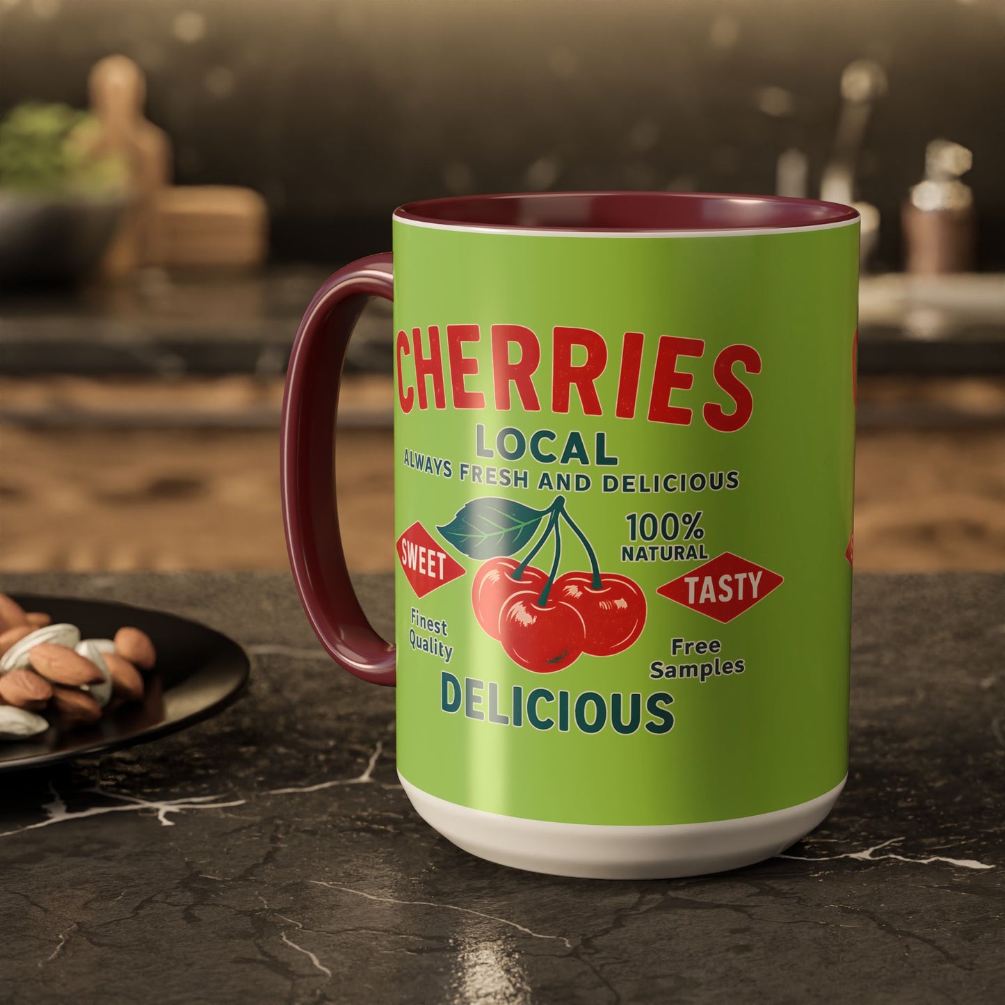 "Delicious Cherries", Colorful Mugs (11oz, 15oz) (Orchard Lime)