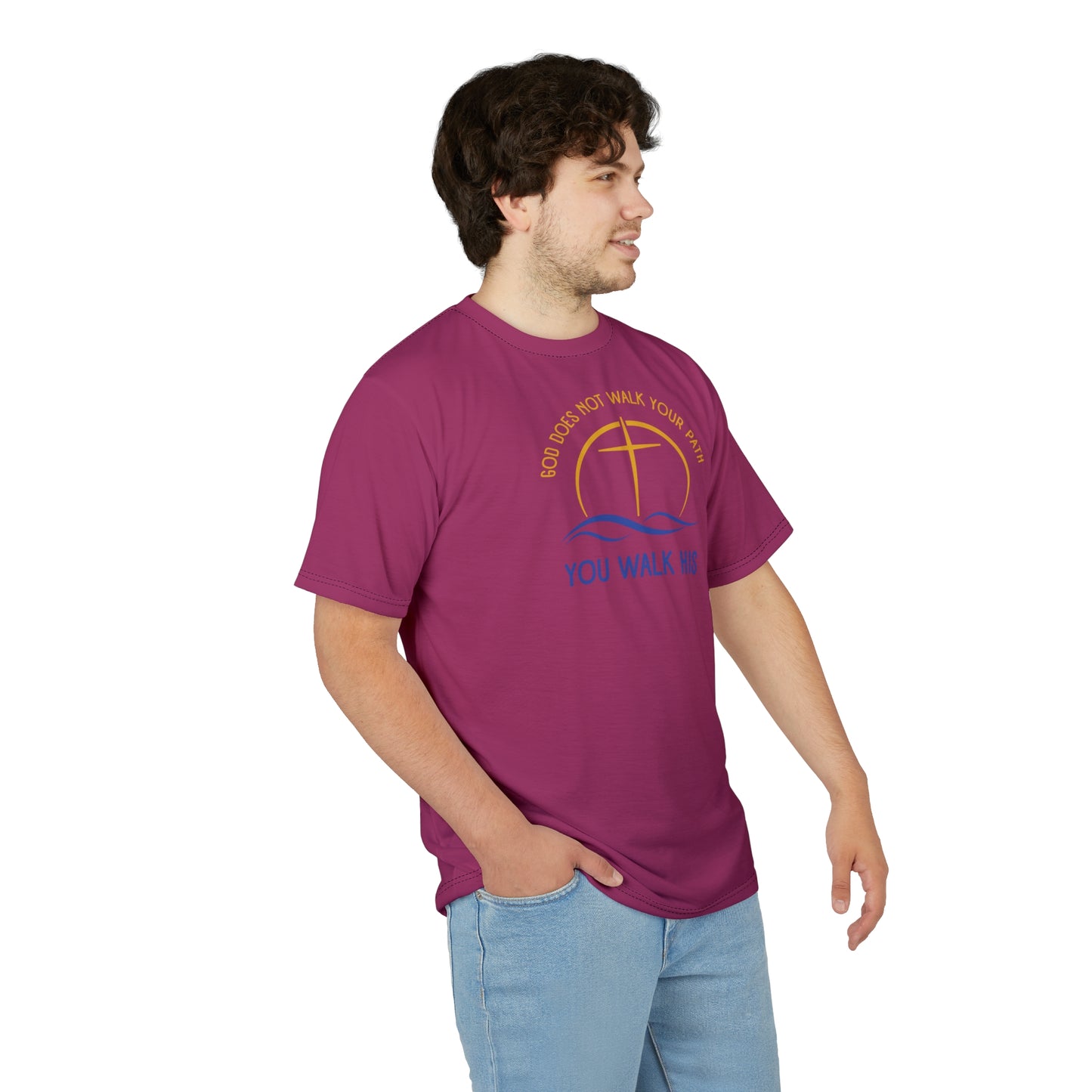 "God Does Not Walk Your Path", Unisex T-shirt (Dark Pink)