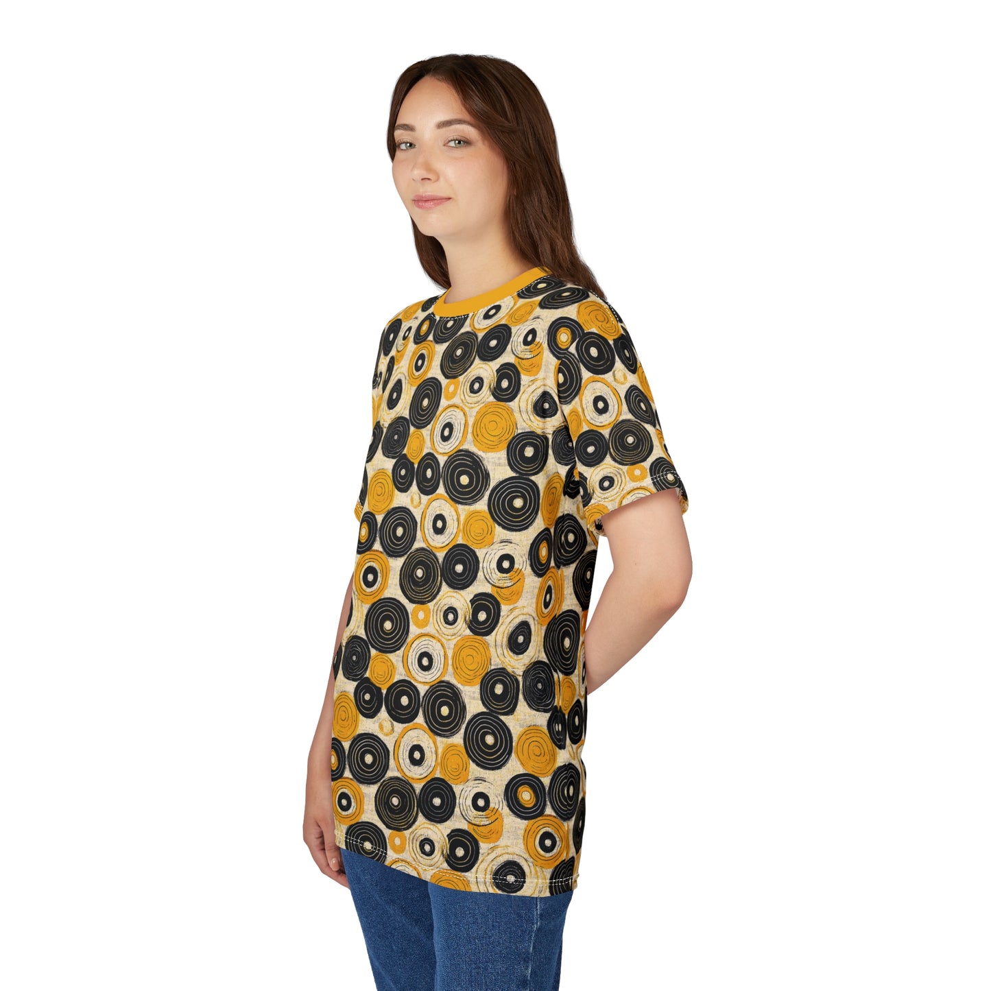 "Old 45's", Wearable Pattern Art Unisex Tee (Cyber Yellow Collar)