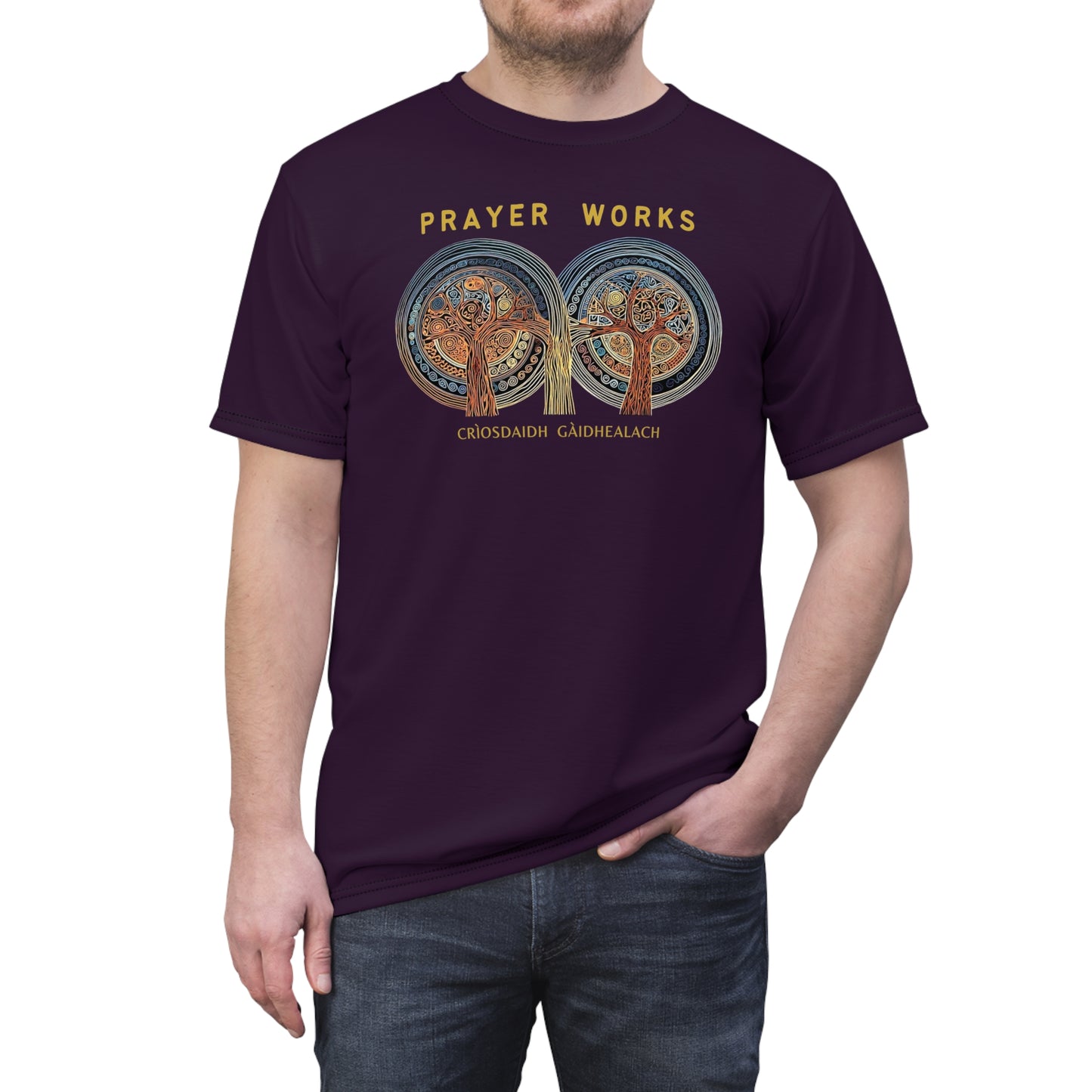 "Prayer Works – Gaelic Christian", Wearable Fine Art Unisex T-shirt (Dark Bramble)