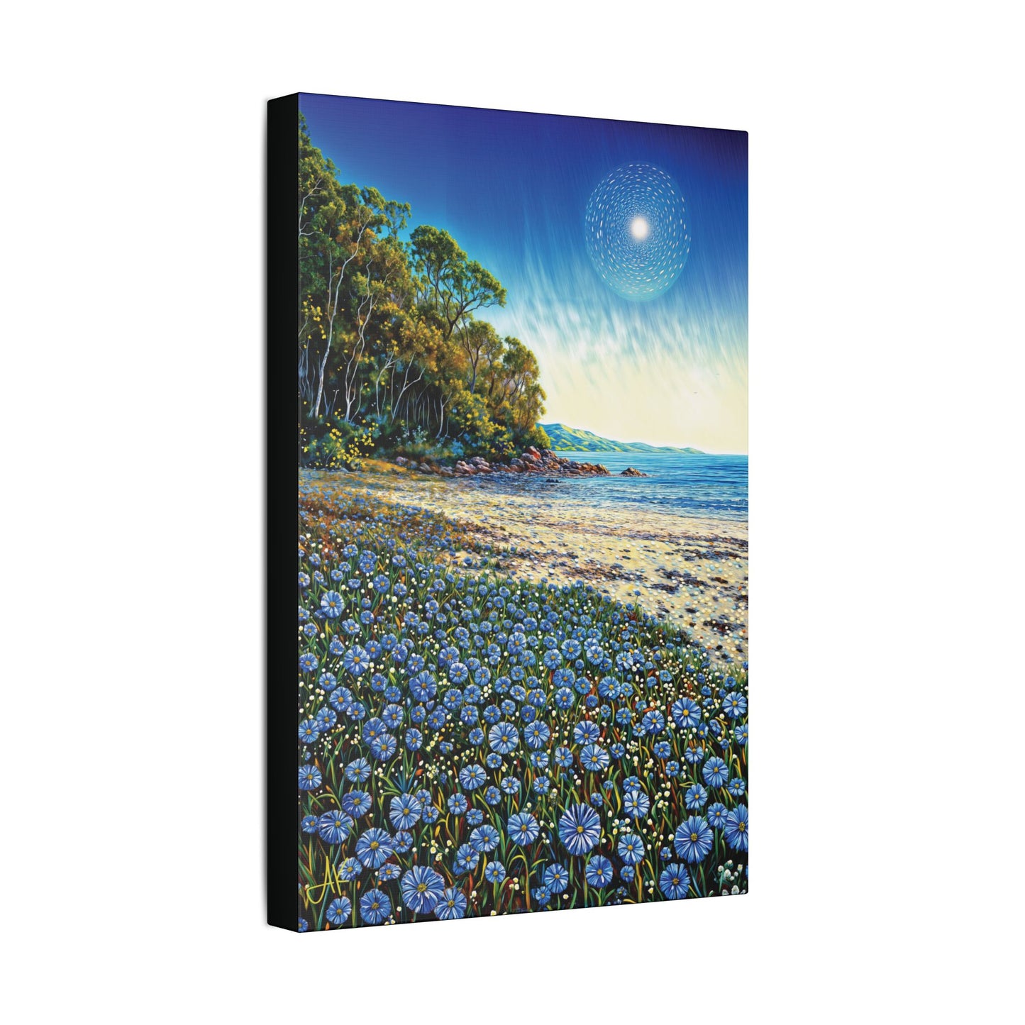 "Azure Petals on Silver Shore", Stretched Classic Canvas Fine Art Print