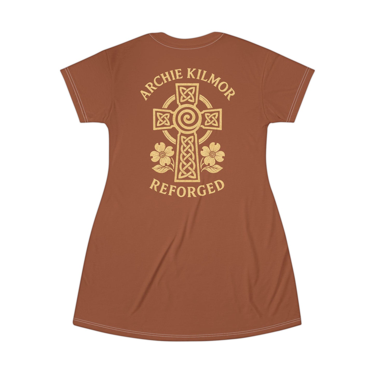 "Archie Kilmor Cross - Reforged" #01, Wearable Fine Art T-Shirt Dress (Sienna Brown)