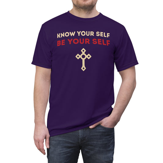 "Know Your Self", Unisex T-shirt (Russian Violet)