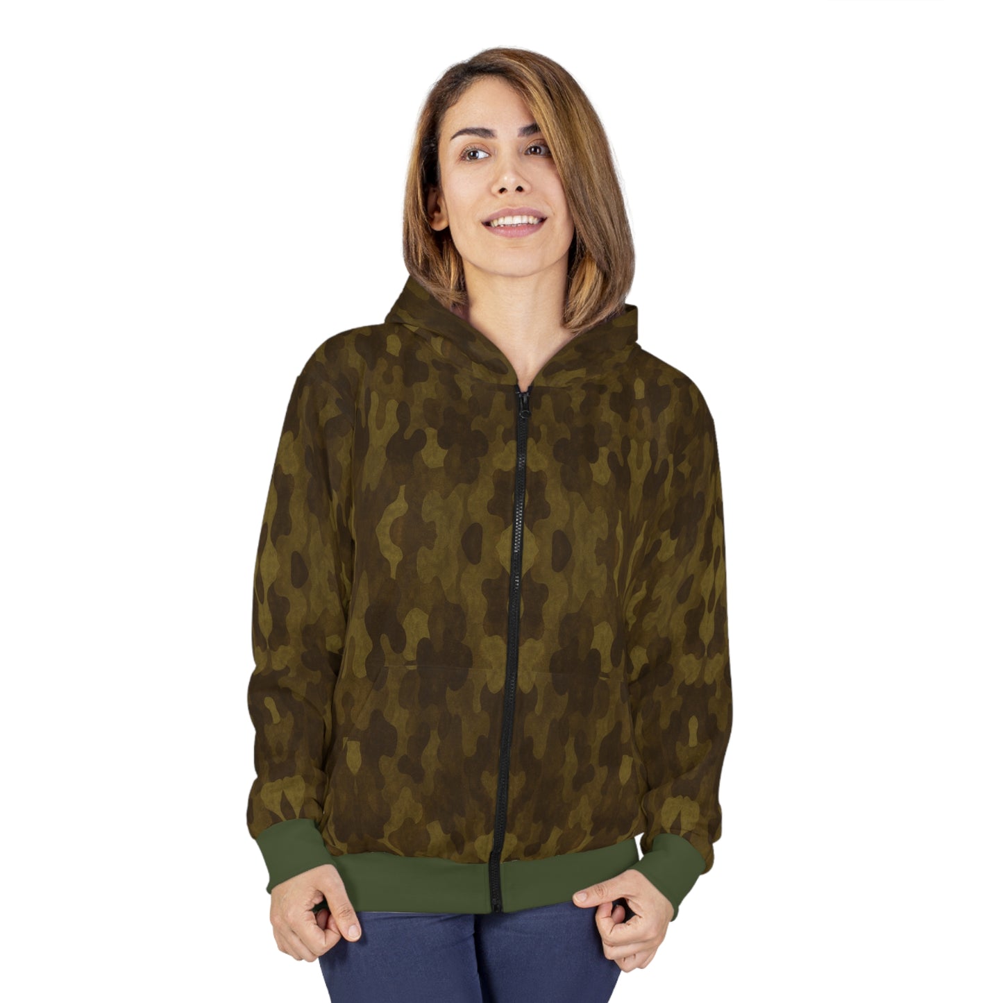 "Swamp Recon Camouflage", Unisex Wearable Art Zip Hoodie (Fen Moss Green Cuffs and Waist)