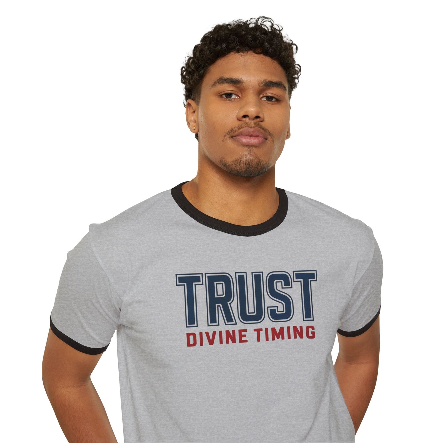"Trust Divine Timing" #02, Unisex Cotton Ringer T-Shirt