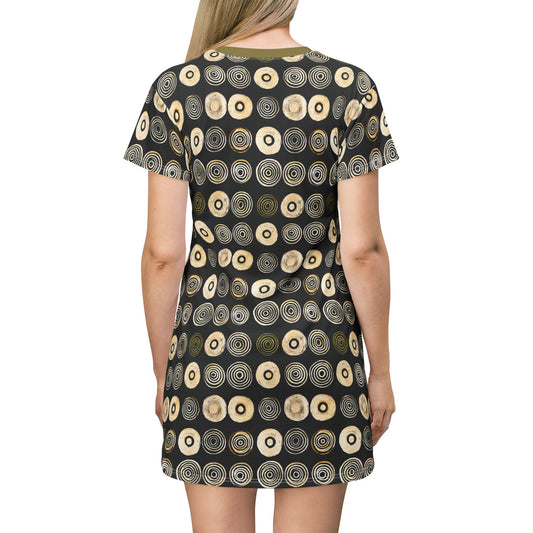 "Punk Polka", Wearable Pattern Art T-Shirt Dress (Soft Fig Green Collar)