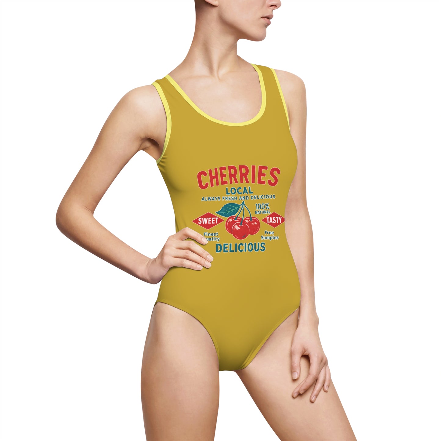 "Delicious Cherries", Women's Classic One-Piece Swimsuit (Forgelight Gold)