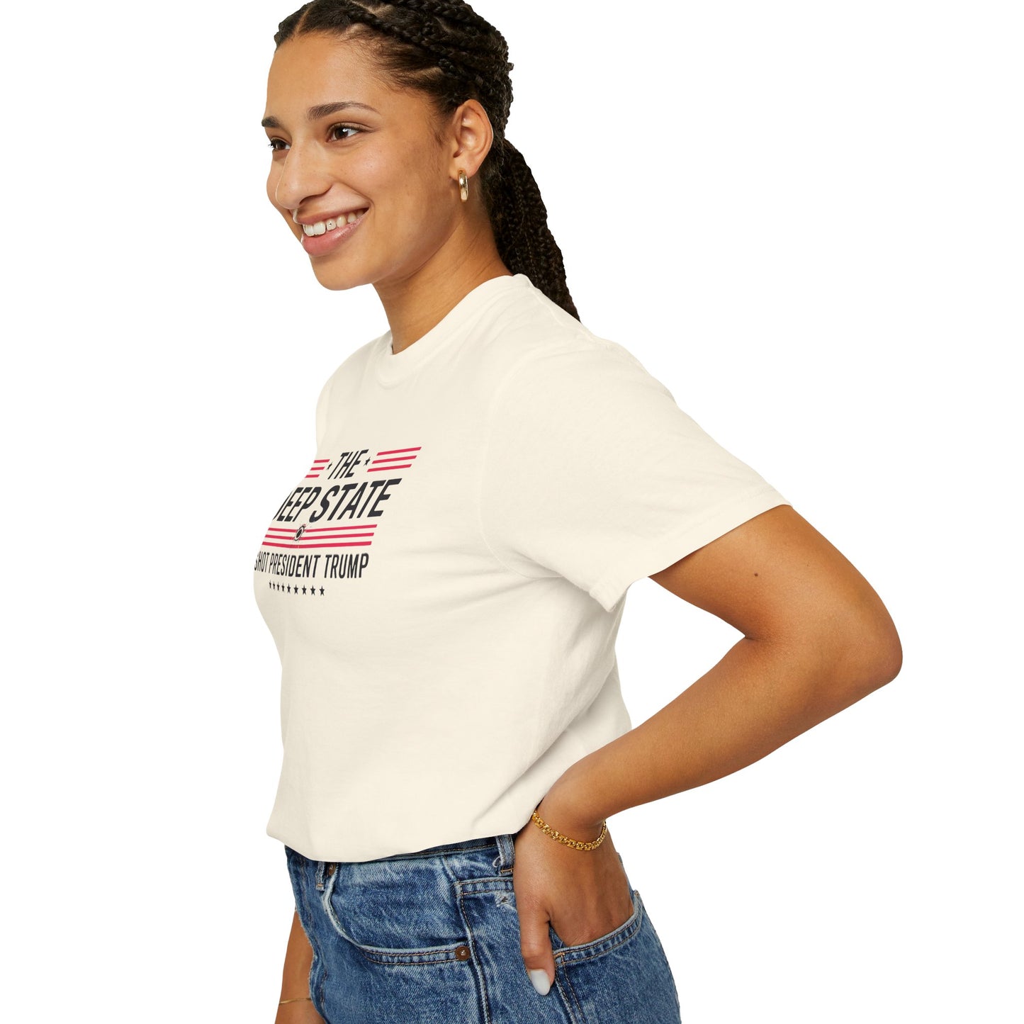 "The Deep State Shot President Trump" #02, Unisex White T-shirt