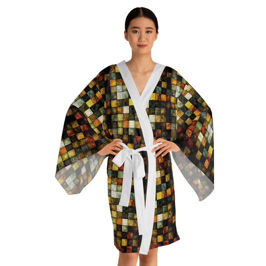 "Wood Block Pattern" #01, Long Sleeve Kimono Robe