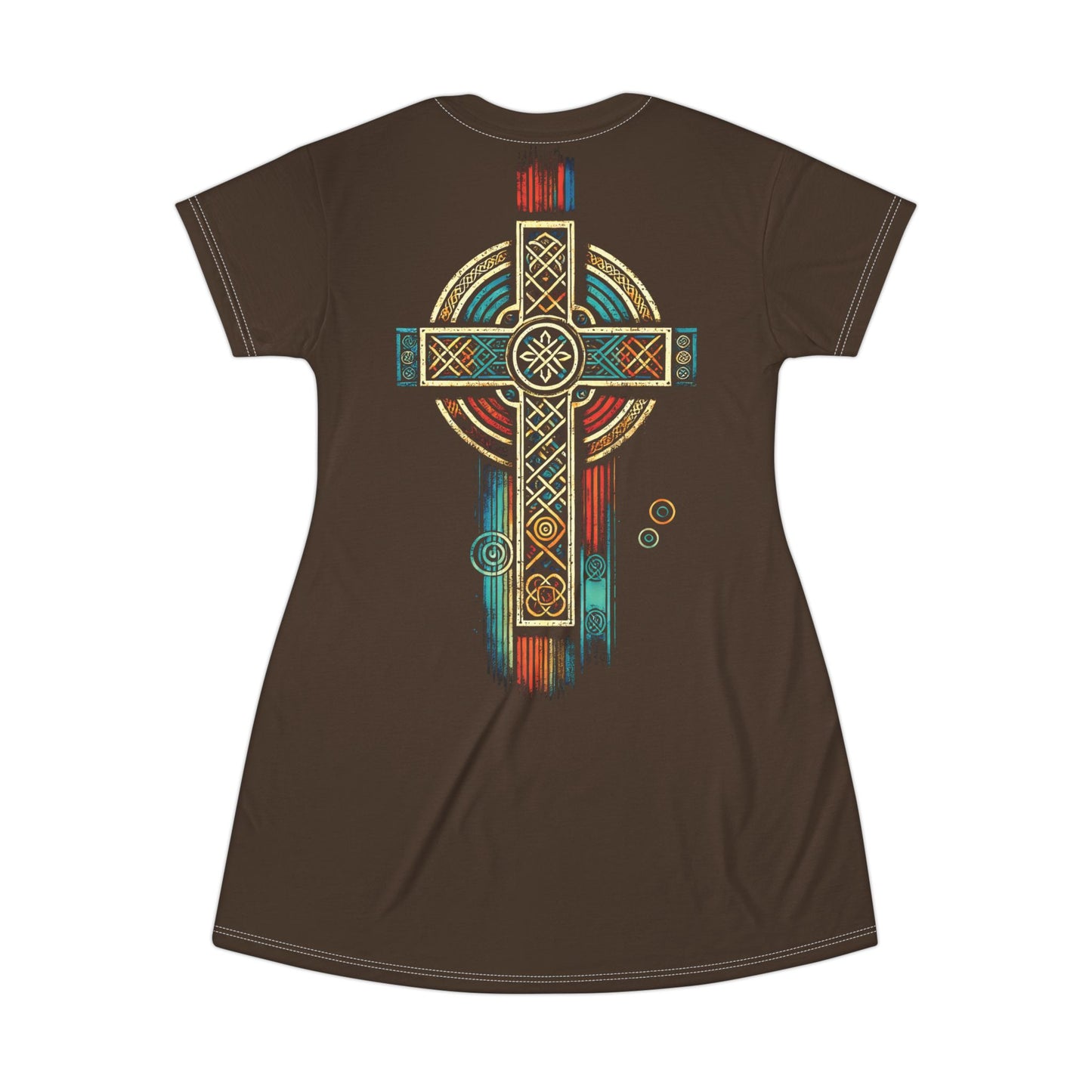 "Ancestral Faith", Wearable Art T-Shirt Dress (Dark Chocolate Brown)