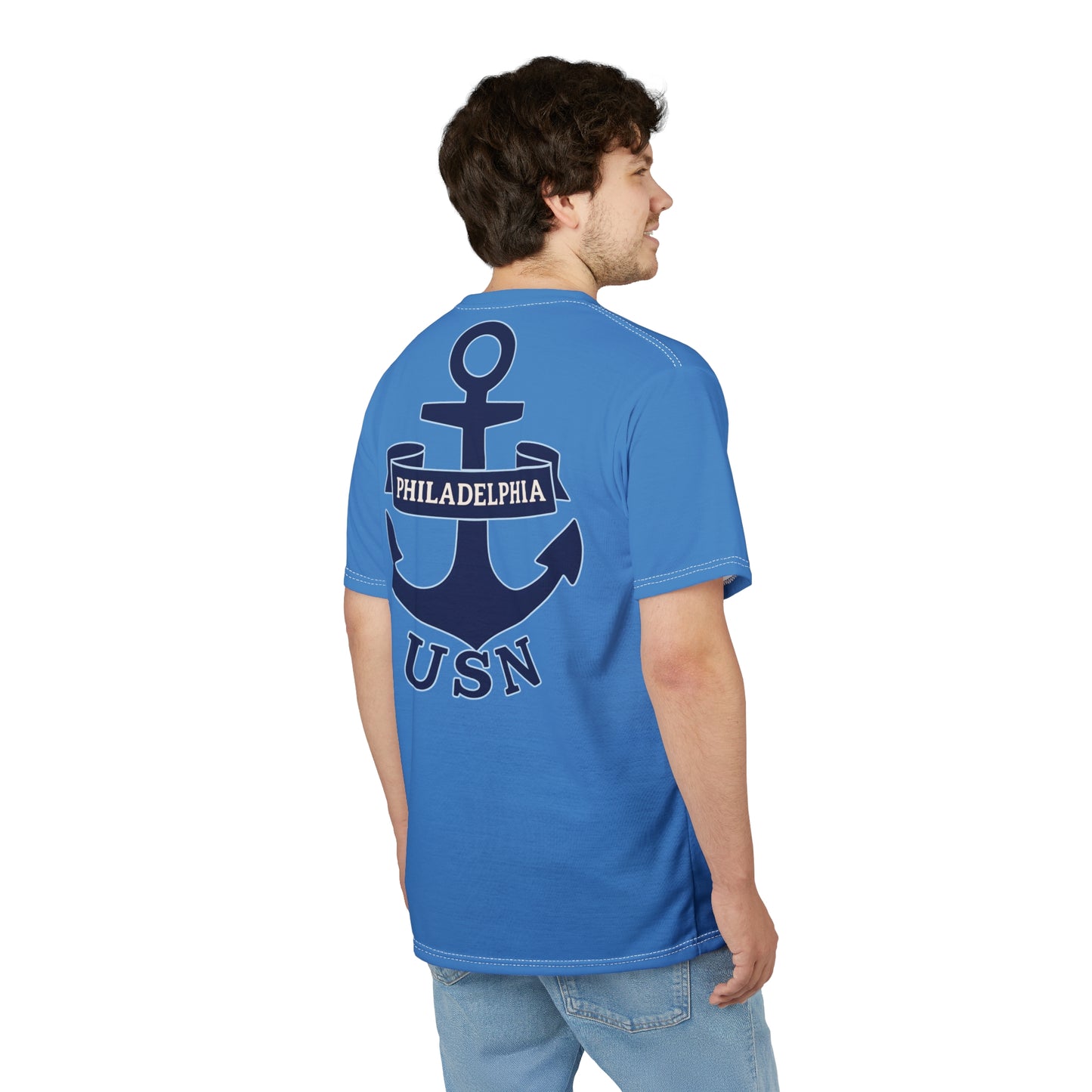 "USN Anchor", Unisex T-shirt (Pop Cyan-Atlantic Blue)