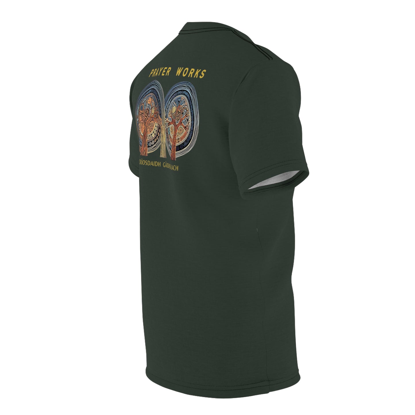 "Prayer Works – Gaelic Christian", Wearable Fine Art Unisex T-shirt (Hail Cloud Grey)