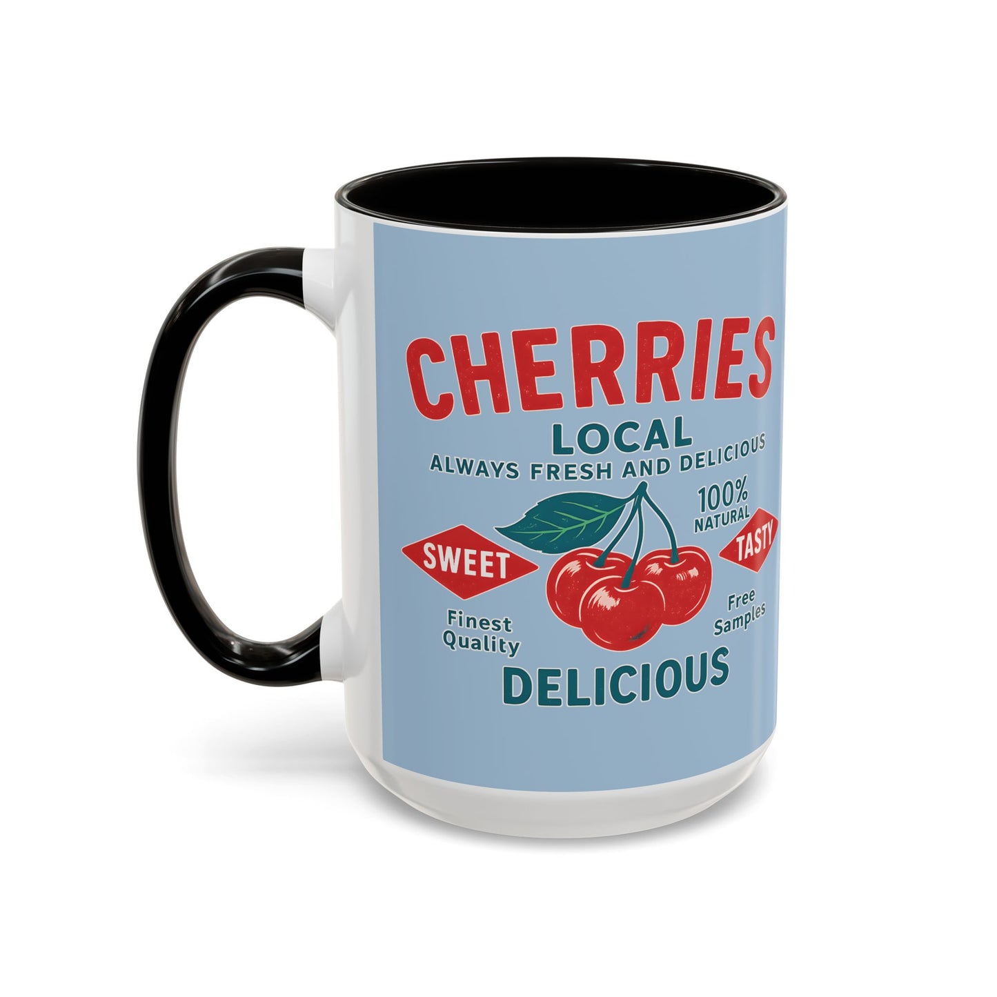 "Delicious Cherries", Colorful Mugs (11oz, 15oz) (Retro Sky)