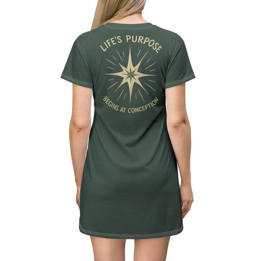 "Life's Purpose Begins at Conception #02", T-Shirt Dress (Old Growth Green)