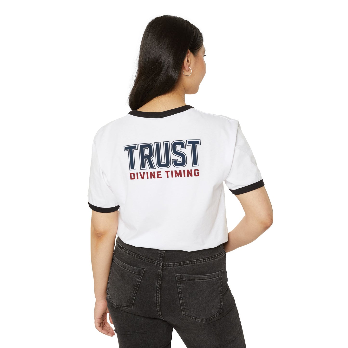 "Trust Divine Timing" #02, Unisex Cotton Ringer T-Shirt