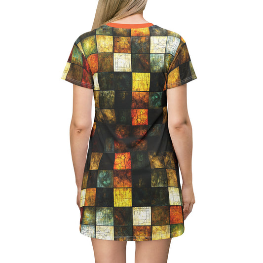 "Wood Block Pattern" #01, Wearable Fine Art T-Shirt Dress (Lava Orange Collar)