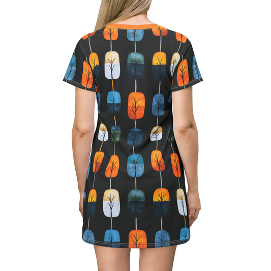 "Skyroot Grove", T-Shirt Dress (Flame Orange Collar)