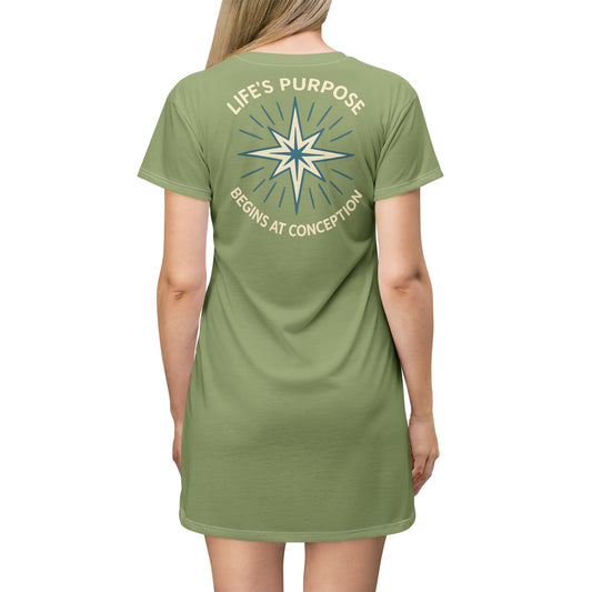 "Life's Purpose Begins at Conception #01", T-Shirt Dress (Fresh Guacamole)