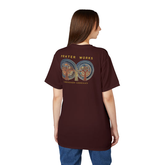 "Prayer Works – Gaelic Christian", Wearable Fine Art Unisex T-shirt (Mahogany)