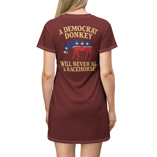 "A Democrat Donkey", T-Shirt Dress (Dark Blood Red)