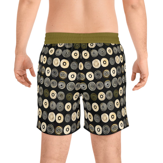 "Punk Polka", Men's Mid-Length Swim Shorts (Soft Fig Green Cuffs)