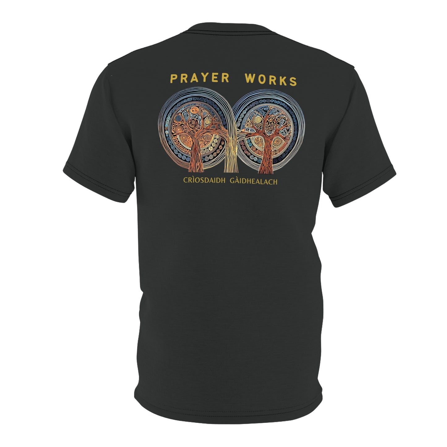 "Prayer Works – Gaelic Christian", Wearable Fine Art Unisex T-shirt (Dark Dùn Grey)